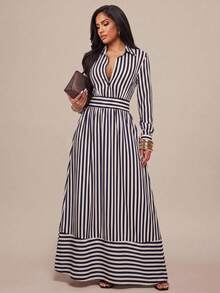 Radiana Women's French Elegant Navy And White Vertical Striped Collared Slim Fit Full Skirt Dress Shirt Dress Work Old Money Style Office Autumn - Blue and White - View 2