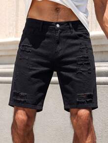 Manfinity Homme Men's Spring/Summer Streetwear Casual Distressed Ripped Straight Leg White Denim Shorts - Black - View 7