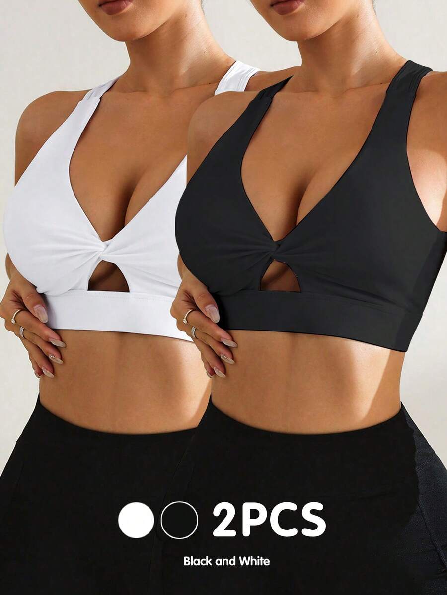 SHEIN Velisys 女款純色扭結鏤空運動內衣 - 黑與白 - 查看 1