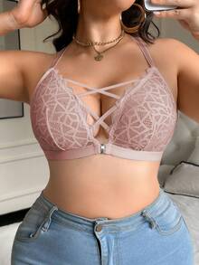 SHEIN 前扣式蕾絲大尺碼無鋼圈內衣，1件裝 - 杏色 - 查看 6