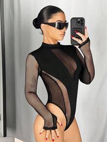 SHEIN ICON 立领网眼撞色修身长袖黑色紧身衣 - 黑色 - 查看 6