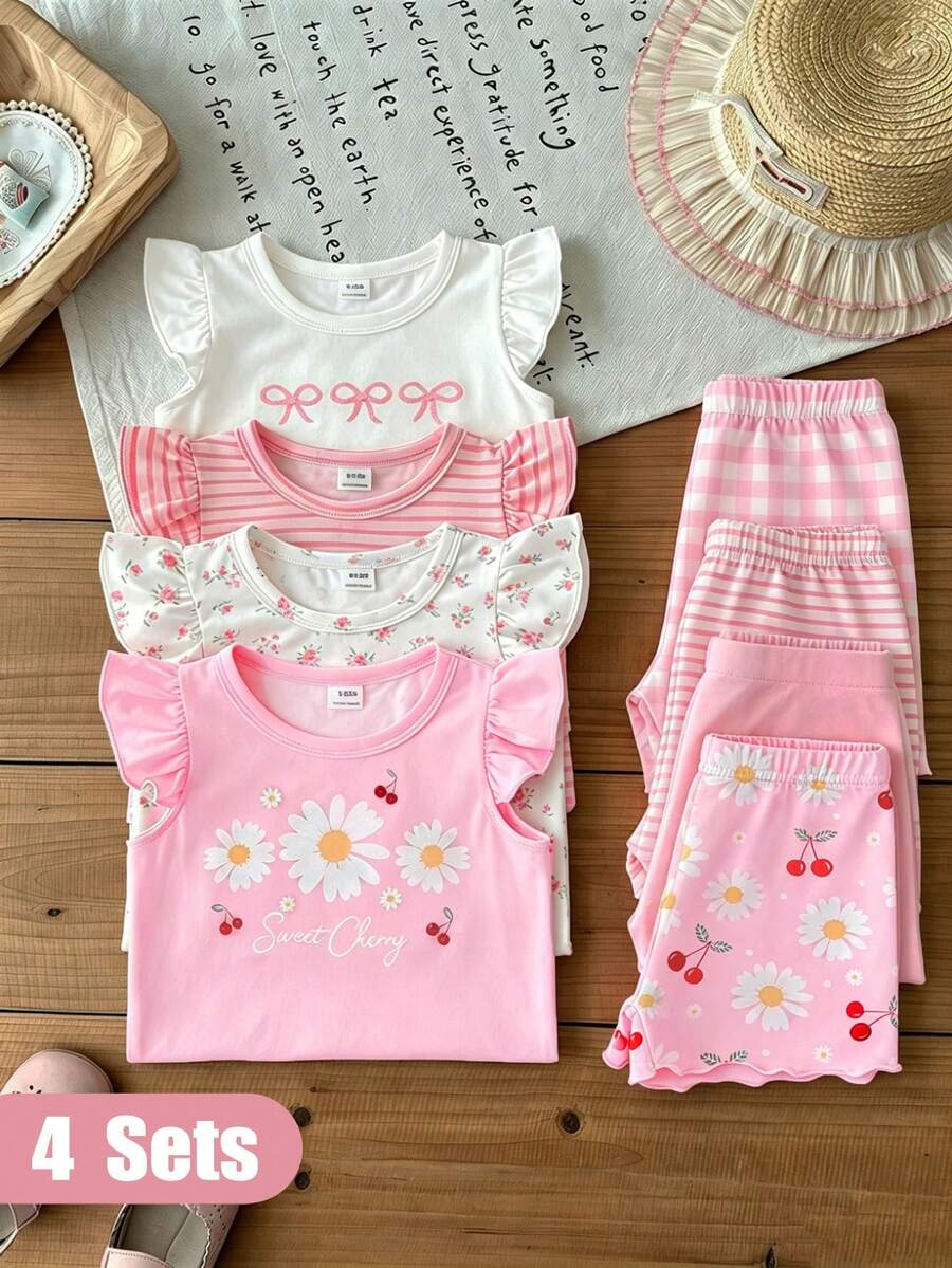 SHEIN Playful Pals 韓式甜美女童T恤短褲套裝,荷葉邊裝飾、飛袖、蝴蝶印花、條紋、小雛菊、花卉圖案,柔軟夏季百搭女嬰套裝,多色可選 - 粉色 - 查看 1