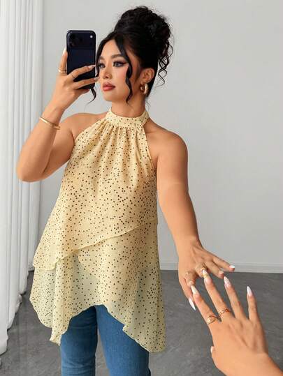 Elenzga Plus Size Polka Dot French Elegant Elegant Halter Neck Chiffon Multi-Layer Asymmetrical Hem Sleeveless Blouse