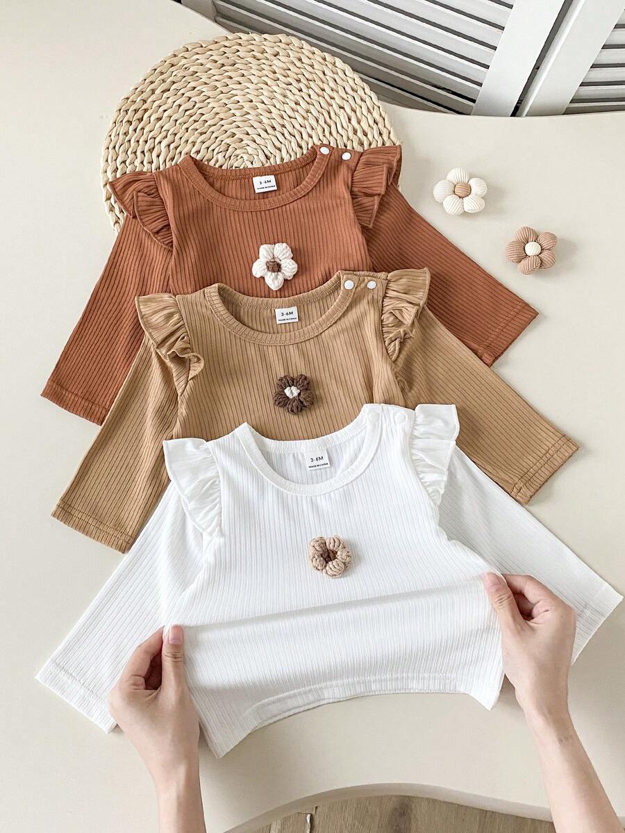 SHEIN Playful Pals Infant Girls Casual All-Match Versatile Round Neck Flutter Sleeve Front Center 3D Crochet Floral Multi-Color Tops Multi-Piece Set Autumn - 棕色 - 查看 1