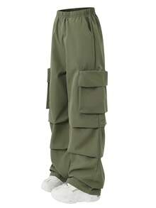 SHEIN 女童素色彈性腰褶皺工裝寬腿長褲 - 軍綠色 - 查看 7