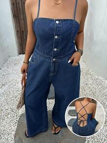 Dazy Plus Dark Wash Blue Stylish Western Denim Strapless Sleeveless Jumpsuit Spring Summer Vacation Style Casual Plus Size Women - Dark Wash - View 4