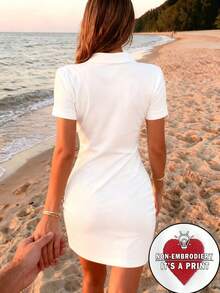 SHEIN 情人节优雅心形刺绣休闲修身Polo领连衣裙 - 彩色 - 查看 2