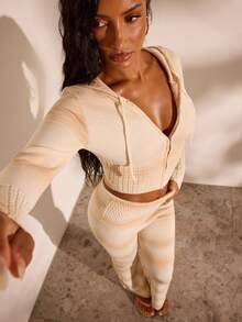 Opulessa Women's Long Sleeve Zipper Front Drawstring Hooded Knit Cardigan - Apricot - View 7