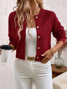 SHEIN Clasi Cárdigan de punto calado con hombros caídos talla grande - Rojo - Ver 11