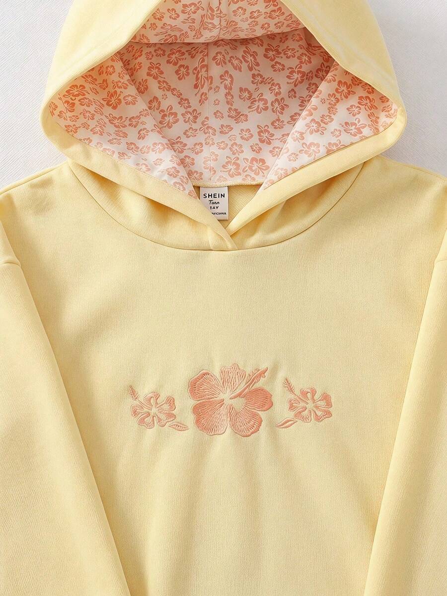 青少年女孩休閒時尚可愛粉色花卉刺繡套頭運動衫 - 黃色 - 查看 1