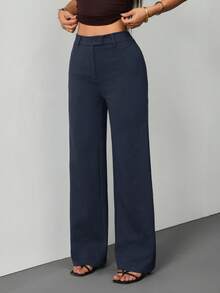 SHEIN PETITE 女款休閒極簡純色拉鍊寬鬆直筒長褲，適合日常穿著，棉混紡，舒適百搭 - 藏蓝色 - 查看 8