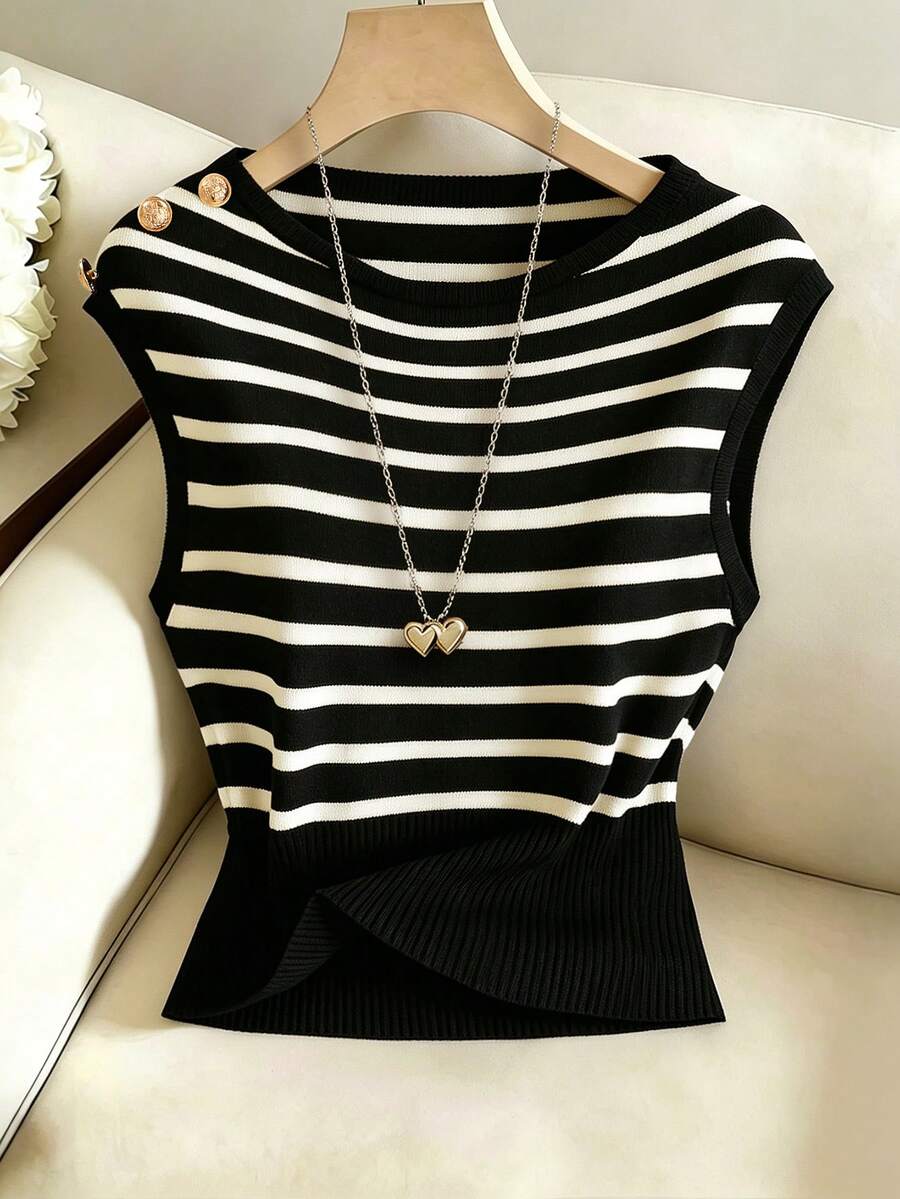 GlowEve Women's Striped Casual Versatile Daily Wear Knit Top - Black and White - View 1