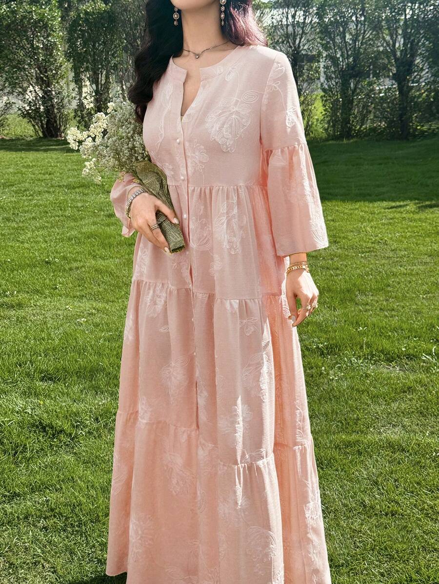 Yasmyna Spring/Summer Gentle Style Yellow V-Neck Embroidered Long Sleeve Loose Slimming Flared Elegant Casual Vacation Dress For Women - Dusty Pink - View 1