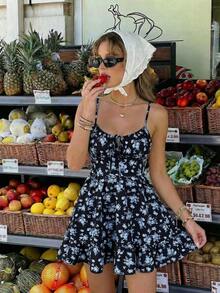 Serisse Women's Floral Print Front Tie Strap Mini Dress For Vacation Vacation Black Floral Summer Boho - Multicolor - View 8