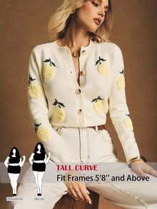 SHEIN Tall CURVE 大尺碼女款水果圖案長袖單排扣針織開襟衫 - 米色 - 查看 3
