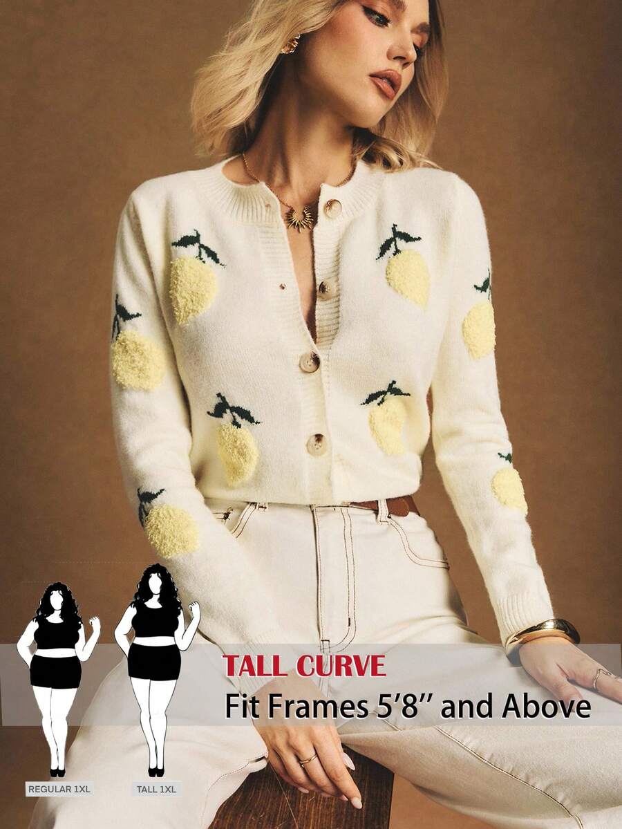 SHEIN Tall CURVE Plus Size Women's Fruit Pattern Long Sleeve Single-Breasted Knit Cardigan - Beige - View 1