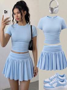 SHEIN Girlism 兒童青少年女孩淺藍色運動休閒瑜伽抓皺腰裙，半高領短袖設計，抓皺腰部與喇叭裙擺，中彈力親膚面料，甜酷女孩風兒童洋裝，夏季大童日常出遊校園穿搭，小眾設計清新童裝 - 淺藍色 - 查看 1