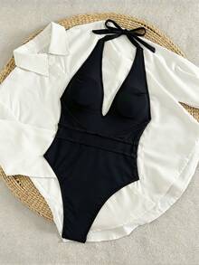 Swim SXY Swim Basics 素色深V掛脖綁繩珍珠扣撞色飾邊休閒沙灘比基尼套裝 女款兩件式泳衣 - 黑色 - 查看 3