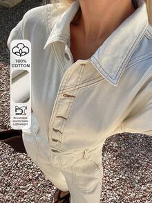Livesso Women's Long Denim Overalls And Jumpsuit With Collar And Cinched Waist - White - View 1