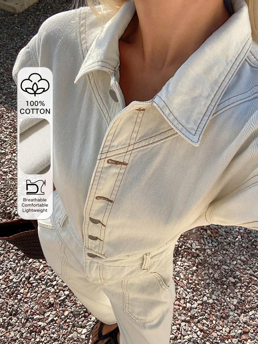 Livesso Women's Long Denim Overalls And Jumpsuit With Collar And Cinched Waist - White - View 1