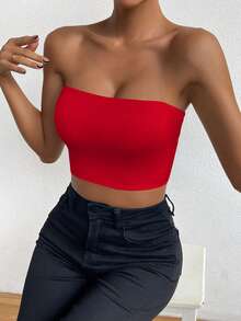 Allurite Top corto bandeau de unicolor para ropa de Año Nuevo para damas - Rojo - Ver 4
