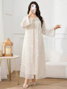 Al Najma Women's Jacquard Round Neck 2 In 1 Arabian Dress - Apricot - View 5