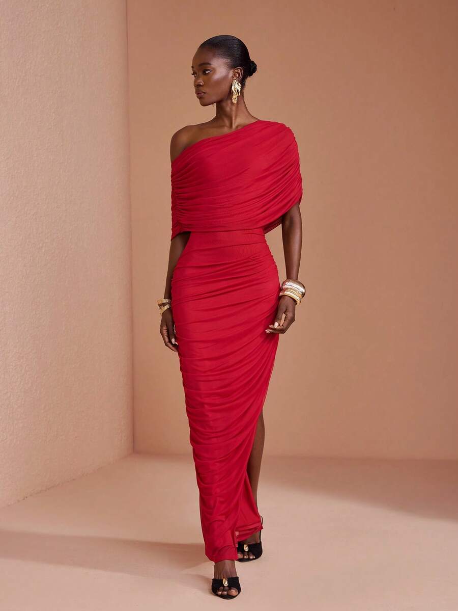 JIAN LASALA Red Mesh Ruched Side Slit Short Sleeve One Shoulder Long Dress Vacation Party Elegant - Red - View 1