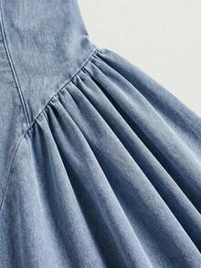 SHEIN MOD 女款時尚百搭方領百褶牛仔洋裝 - 藍色 - 查看 3