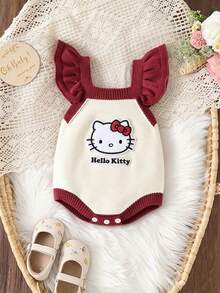 HELLO KITTY AND FRIENDS | SHEIN GraphicGems 女嬰針織連身衣，3D毛巾刺繡方領荷葉袖，簡約可愛淑女風卡通圖案，紅色米色，適合春秋冬季新生兒外出、派對、假期與戶外玩耍 - 彩色 - 查看 4