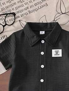 SHEIN Genkimix Kids 小男孩拼接單排扣短袖襯衫與短褲休閒日常兩件套 - 彩色 - 查看 5