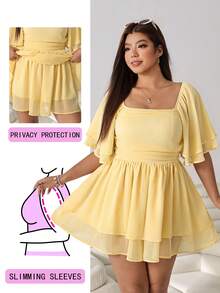 Solflare Plus Size Solid Color Shirred One-Piece Short Romper Dress For Vacation - Yellow - View 1