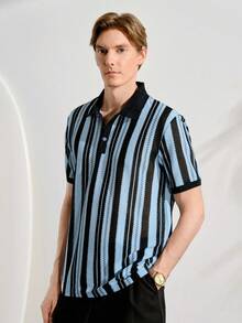 VeloEdit 男士休闲商务条纹Polo衫，适合日常通勤和休闲穿着，百搭 - 藍色 - 查看 4