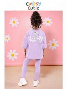SHEIN 女童 2件組字母印花落肩T恤與長褲套裝，適合夏季、學校、返校季、情人節禮物 - 淡紫色 - 查看 1