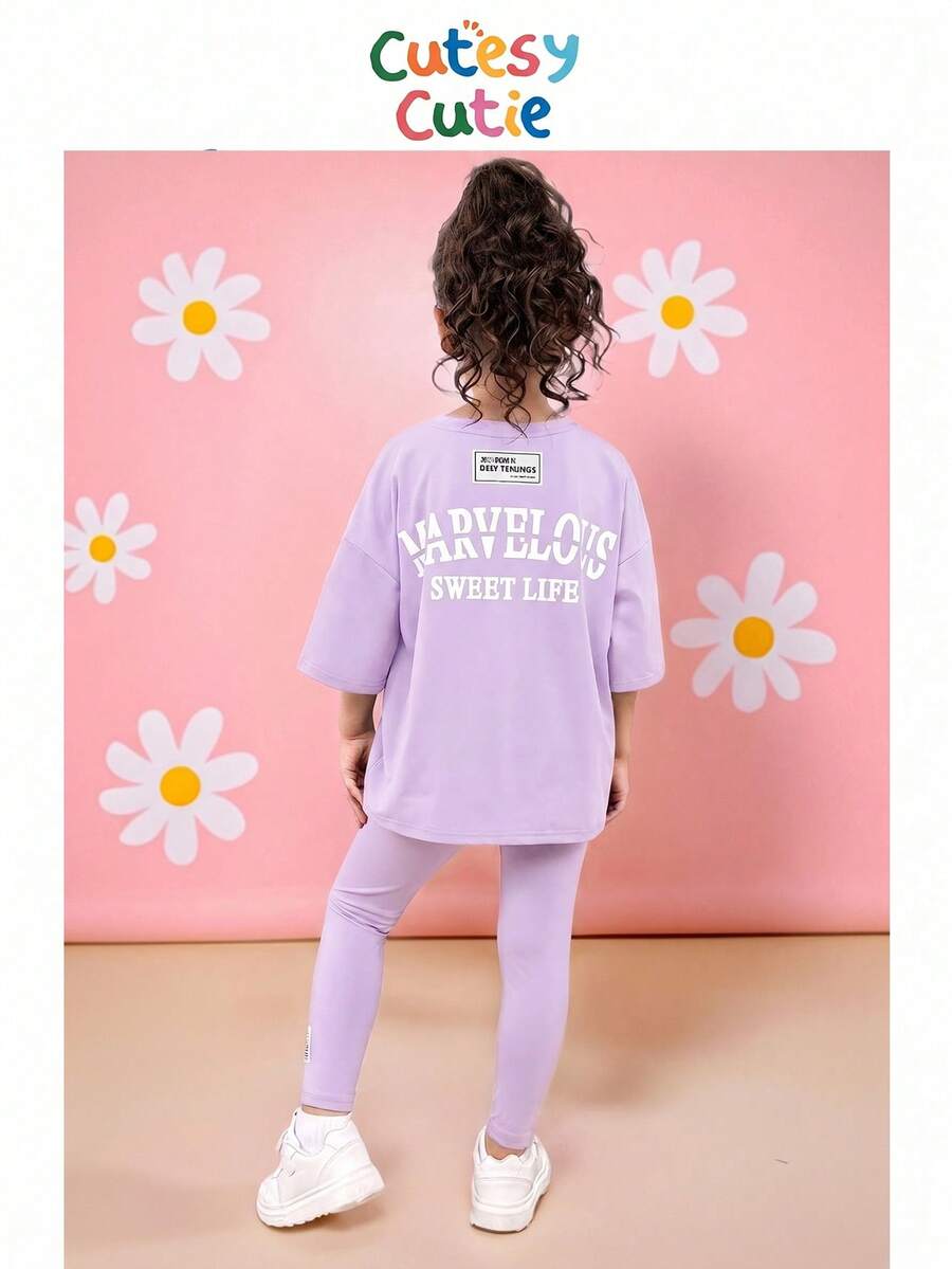 SHEIN 女童 2件組字母印花落肩T恤與長褲套裝,適合夏季、學校、返校季、情人節禮物 - 淡紫色 - 查看 1