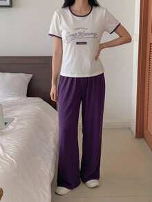 DAZY Set pigiama da donna 2 pezzi con bordi a contrasto, girocollo, maglietta a maniche corte con stampa e pantaloni da casa con vita elastica - Bianco - Visualizzare 4