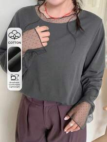 Dazy Plus Camiseta holgada y versátil de unicolor con parches, tela de malla de lunares transparente - Gris - Ver 1