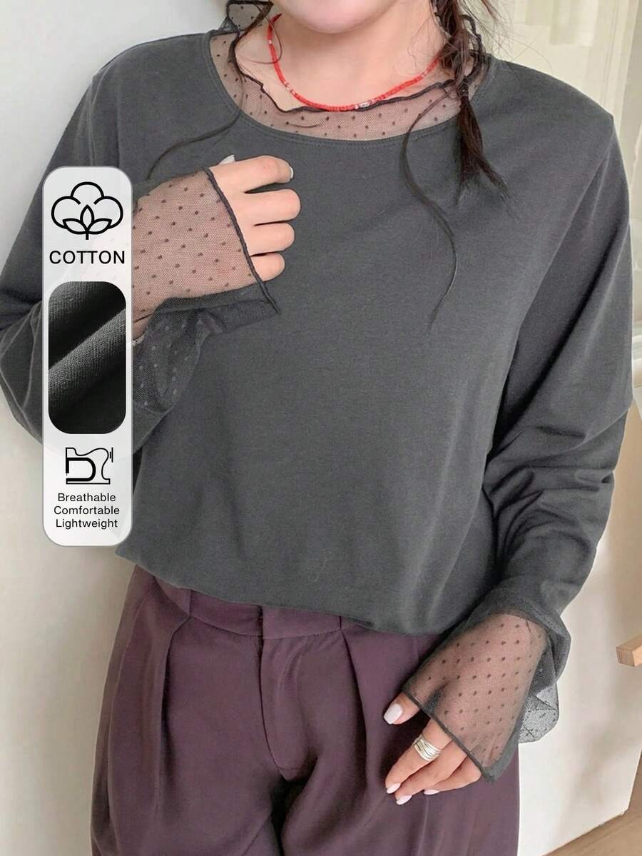 Dazy Plus Camiseta holgada y versátil de unicolor con parches, tela de malla de lunares transparente - Gris - Ver 1