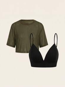 SHEIN BASICS 2件組休閒純色短版細肩帶背心與圓領寬鬆短袖透視網紗夏季上衣 - 軍綠色 - 查看 2