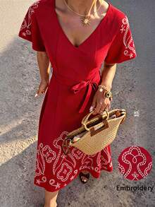 Travachic Women's Elegant Bohemian V-Neck Embroidered Tie-Waist Vacation Dress ,Autumn - Red - View 8