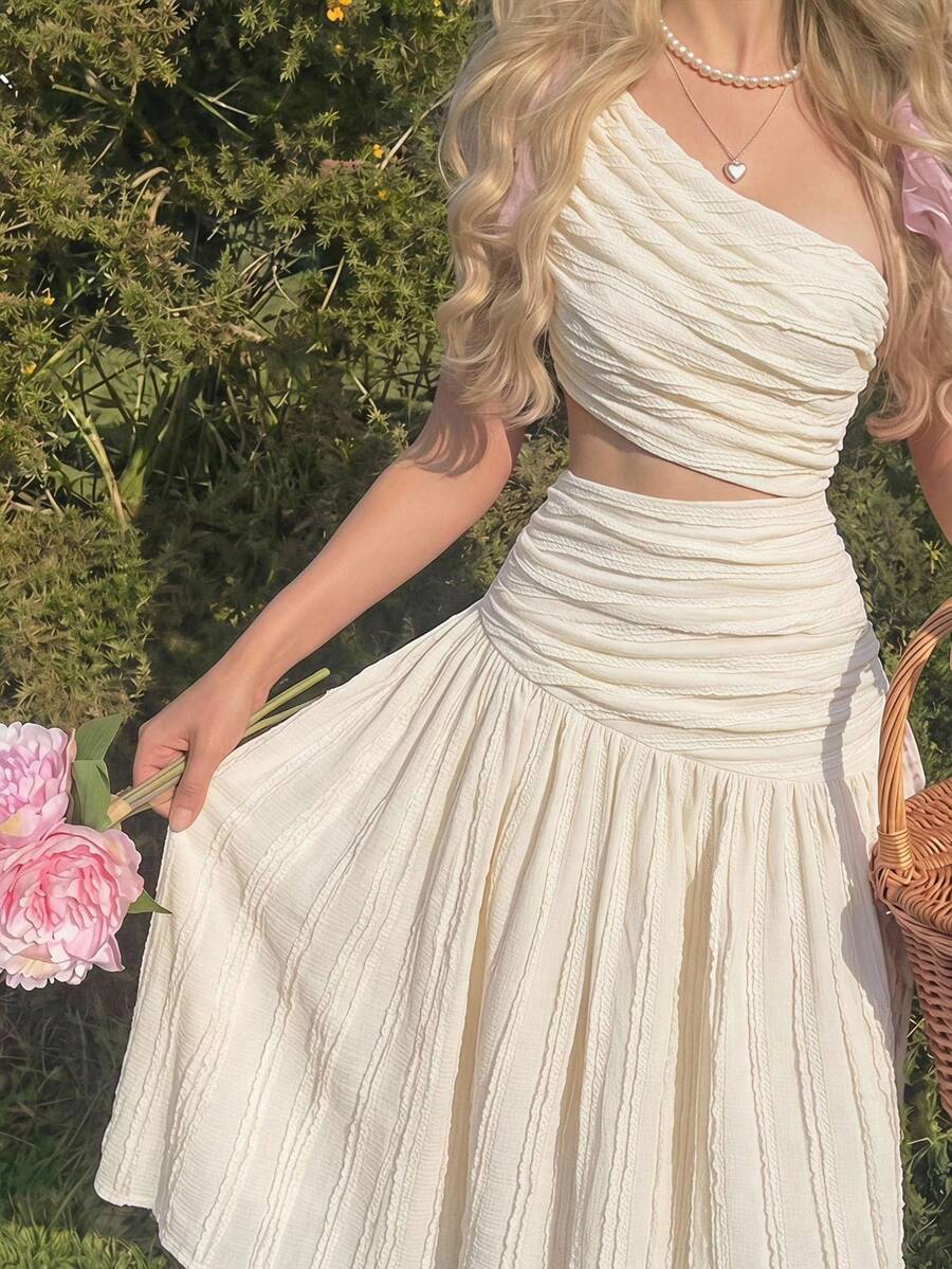 Skyraze Chic Basic Romantic White Textured For Women One Shoulder Ruffled Long Dress Perfect For Summer, Elegant Dress, Vacation - Apricot - View 1