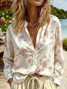 SHEIN Holidaya Women's New Autumn/Winter Printed Small Stand Collar Long Sleeve Blouse, Vintage Chic, French Elegant, Suitable For Daily Commute And Vacation - White - View 2