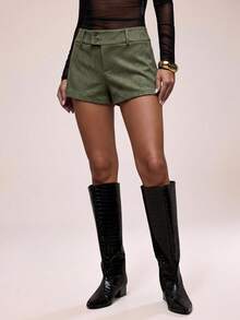 SHEIN BAE Women's Fitted Casual Commute Shorts, Suitable For Daily Outings, Office, And Formal Social Occasions - Army Green - View 3