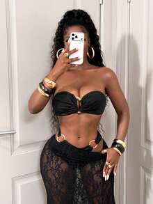 BamGleam Sexy Lace Bodycon Fish Tail Skirt With Metal Buckle Bustier Hollow Out Lingerie Set - Black - View 6