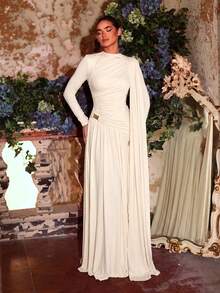 Aureia Elegant Formal Glamorous Elastic Knit Metallic Pleated Decor Round Neck Long Sleeve A-Line Dress With Flutter Sleeves, Suitable For Party Evening - Apricot - View 6