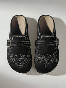 Solecia Women's Shoes Four Seasons Retro Embroidery Buckle Round Toe Flat Heel Thick Sole Suede Closed Toe Daily Casual Shoes - Black - View 6