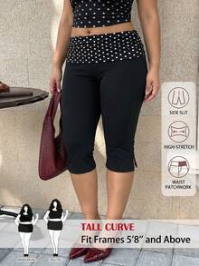SHEIN Tall CURVE 大码女式黑色波点侧开衩修身休闲七分裤，女士休闲服饰 - 黑色 - 查看 3