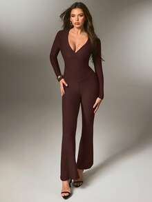 Nuvra Women's Long Sleeve V-Neck Double Layer Shapewear Pants With Lining, Waist Cinching And Butt Lifting - Brown - View 5