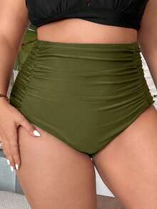 Slaydiva Plus Size Women's Solid Color Bikini Bottoms, Ultra High Waist, Ruched Tummy Control - Army Green - View 4