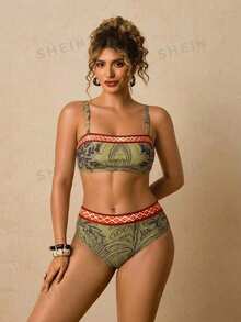 Travachic Conjunto de traje de baño tankini con estampado geométrico & de plantas tropicales para tallas grandes - Multicolor - Ver 5