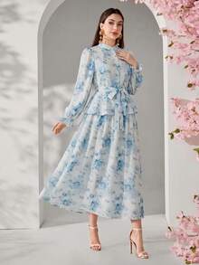 Modelyn Setelan 2 Potong Blus dan Rok Motif Bunga Elegan untuk Wanita - Biru - View 5
